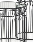 Set of Two Clear and Black Tempered Glass and Metal Wire Round Drum End Tables