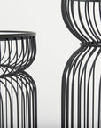 Set of Two Clear and Black Tempered Glass and Metal Wire Round Drum End Tables