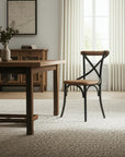 Set of Two Light Brown and Black Solid Wood Cross Back Dining Side Chairs