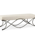 55" Cream and Nickel Fabric and Metal Upholstered Bench