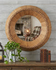 30" Brown Solid Wood Faceted And Beaded Round Framed Accent Mirror
