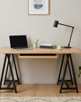 60" Natural and Black Solid Wood and Metal Trestle Executive Desk