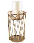 10" Antiqued Brass Distressed Geometric Metal And Glass Tabletop Hurricane Candle Holder