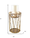 10" Antiqued Brass Distressed Geometric Metal And Glass Tabletop Hurricane Candle Holder