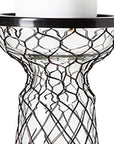 11" Black Distressed Lattice Metal And Glass Tabletop Pillar Candle Holder