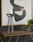 11" Black Distressed Lattice Metal And Glass Tabletop Pillar Candle Holder