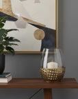 8" Gold Woven Metal And Glass Tabletop Hurricane Candle Holder