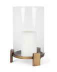14" Antiqued Gold Geometric Glass And Metal Tabletop Hurricane Candle Holder