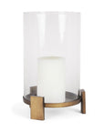 14" Antiqued Gold Geometric Glass And Metal Tabletop Hurricane Candle Holder
