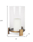 14" Antiqued Gold Geometric Glass And Metal Tabletop Hurricane Candle Holder