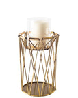 8" Antiqued Brass Distressed Geometric Metal And Glass Tabletop Hurricane Candle Holder