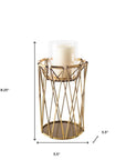 8" Antiqued Brass Distressed Geometric Metal And Glass Tabletop Hurricane Candle Holder