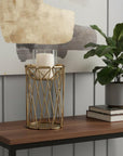 8" Antiqued Brass Distressed Geometric Metal And Glass Tabletop Hurricane Candle Holder