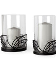 Set of Two Black Botanical Leaf Glass And Metal Tabletop Hurricane Candle Holders