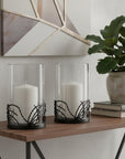 Set of Two Black Botanical Leaf Glass And Metal Tabletop Hurricane Candle Holders