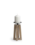 9" Light Brown Distressed Geometric Solid Wood And Metal Tabletop Pillar Candle Holder