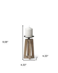9" Light Brown Distressed Geometric Solid Wood And Metal Tabletop Pillar Candle Holder