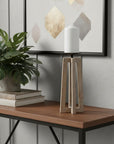 12" Light Brown Distressed Geometric Solid Wood And Metal Tabletop Pillar Candle Holder