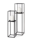 Set of Two Black Geometric Metal And Glass Tabletop Hurricane Candle Holders