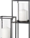 Set of Two Black Geometric Metal And Glass Tabletop Hurricane Candle Holders