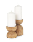 Set of Two Brown Distressed Geometric Solid Wood Tabletop Pillar Candle Holders