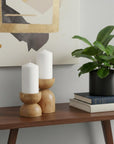 Set of Two Brown Distressed Geometric Solid Wood Tabletop Pillar Candle Holders