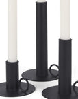 Set of Three Black Geometric Metal Tabletop Taper Candlesticks