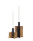Set of Two Black And Antiqued Gold Distressed Geometric Metal Tabletop Taper Candle Holders