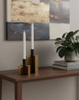 Set of Two Black And Antiqued Gold Distressed Geometric Metal Tabletop Taper Candle Holders