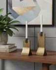 Set of Two Gold And Black Distressed Hammered Metal Tabletop Taper Candle Holders