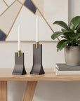 Set of Two Black And Gold Distressed Hammered Metal Tabletop Taper Candle Holders