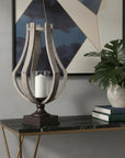 25" Brown Distressed Geometric Solid Wood Metal And Glass Tabletop Hurricane Candle Holder