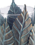 9" Green And Gold Distressed Botanical Leaf Metal And Glass Tabletop Hurricane Candle Holder