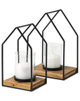 Set of Two Black And Brown Distressed Geometric Metal Tabletop Lantern Candle Holders