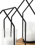 Set of Two Black And Brown Distressed Geometric Metal Tabletop Lantern Candle Holders