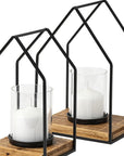 Set of Two Black And Brown Distressed Geometric Metal Tabletop Lantern Candle Holders