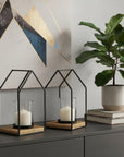 Set of Two Black And Brown Distressed Geometric Metal Tabletop Lantern Candle Holders