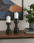 Set of Two Black Distressed Metal Tabletop Pillar Candle Holders