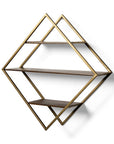 30" Antiqued Brass And Brown Metal And Solid Wood Diamond Shaped Accent Shelf