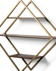 30" Antiqued Brass And Brown Metal And Solid Wood Diamond Shaped Accent Shelf