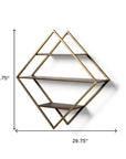 30" Antiqued Brass And Brown Metal And Solid Wood Diamond Shaped Accent Shelf