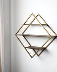 30" Antiqued Brass And Brown Metal And Solid Wood Diamond Shaped Accent Shelf