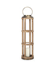 35" Natural And Brass Distressed Geometric Solid Wood And Metal Tabletop Lantern Candle Holder