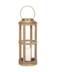 26" Natural And Bronze Distressed Geometric Solid Wood And Metal Tabletop Lantern Candle Holder