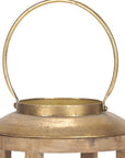 26" Natural And Bronze Distressed Geometric Solid Wood And Metal Tabletop Lantern Candle Holder