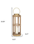 26" Natural And Bronze Distressed Geometric Solid Wood And Metal Tabletop Lantern Candle Holder
