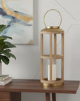 26" Natural And Bronze Distressed Geometric Solid Wood And Metal Tabletop Lantern Candle Holder