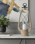 21" Brown And Black Distressed Abstract Solid Wood Metal And Glass Tabletop Lantern Candle Holder