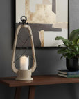 25" Brown Distressed Abstract Solid Wood And Metal Tabletop Lantern Candle Holder