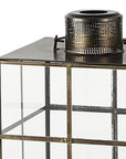 15" Gold Distressed Geometric Metal And Glass Tabletop Lantern Candle Holder